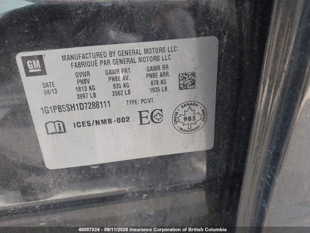 40087024 :رقم المزاد ، 1G1PB5SH1D7288111 vin ، 2013 Chevrolet Cruze مزاد بيع