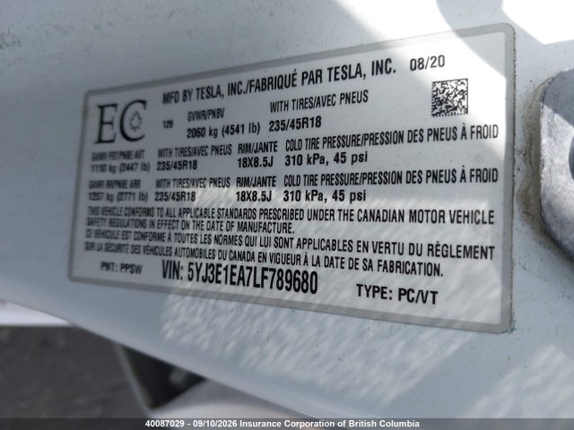 5YJ3E1EA7LF789680 Tesla MODEL 3