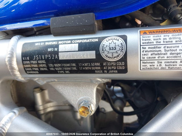 Продаж на аукціоні авто 2002 Suzuki Sv650 S, vin: JS1VP52AX22100841, номер лоту: 40087033