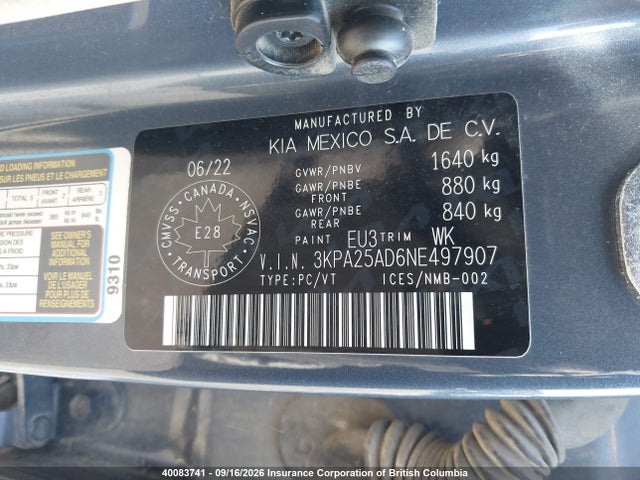 3KPA25AD6NE497907 KIA Rio Lx Premium/lx+