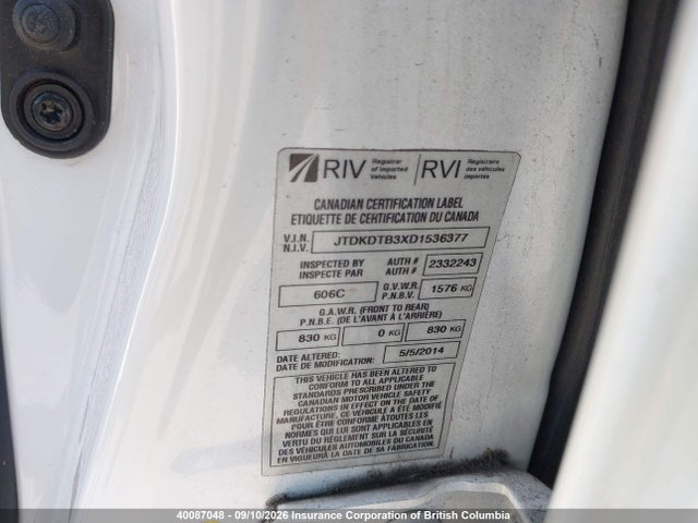 40087048 :رقم المزاد ، JTDKDTB3XD1536377 vin ، 2013 Toyota Prius مزاد بيع