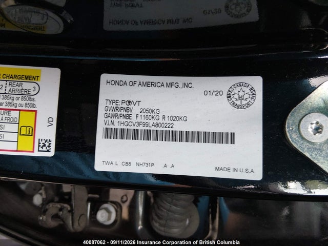 Aukcja sprzedaży 2020 Honda Accord Hybrid Touring, vin: 1HGCV3F99LA800222, numer aukcji: 40087062