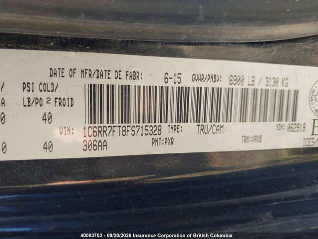 40083703 :رقم المزاد ، 1C6RR7FT8FS715328 vin ، 2015 Ram 1500 St مزاد بيع