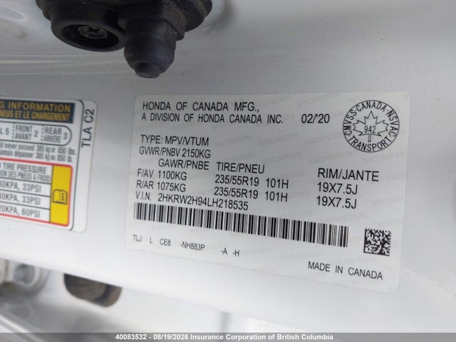 Honda Cr-v Touring 2020 2HKRW2H94LH218535 Image 9