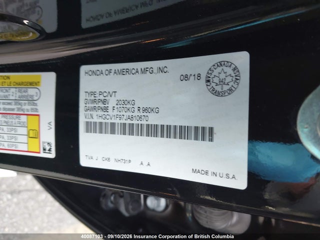 Honda Accord Touring 2018 1HGCV1F97JA810670 Image 9