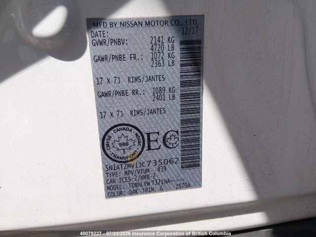 40079227 :رقم المزاد ، 5N1AT2MV1JC735062 vin ، 2018 Nissan Rogue Sv/sl مزاد بيع