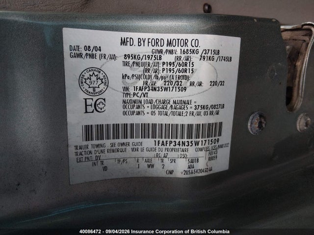 40086472 :رقم المزاد ، 1FAFP34N35W171509 vin ، 2005 Ford Focus Zx4 مزاد بيع