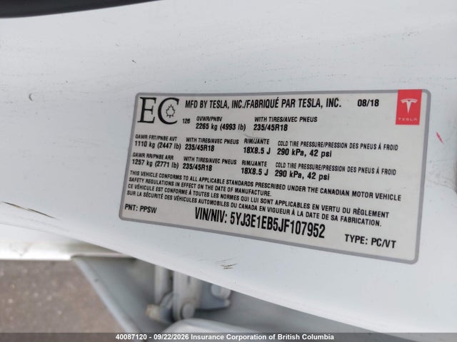 Продаж на аукціоні авто 2018 Tesla Model 3 Long Range/performance, vin: 5YJ3E1EB5JF107952, номер лоту: 40087120