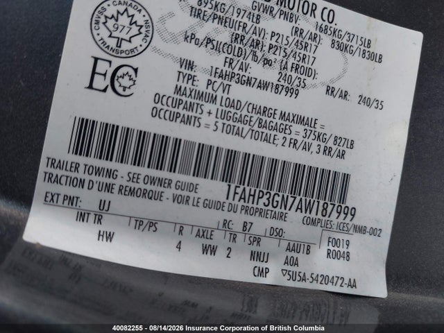 Продажа на аукционе авто 2010 Ford Focus Ses, vin: 1FAHP3GN7AW187999, номер лота: 40082255