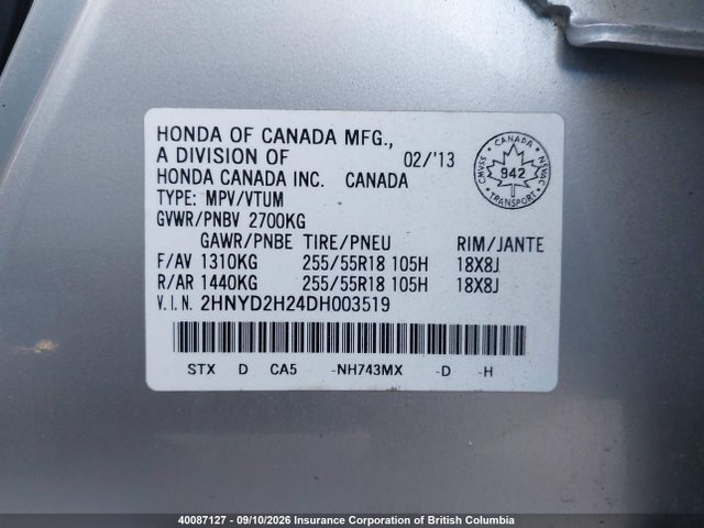 Aukcja sprzedaży 2013 Acura Mdx, vin: 2HNYD2H24DH003519, numer aukcji: 40087127