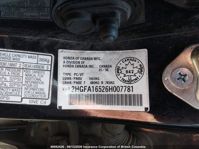 40082426 :رقم المزاد ، 2HGFA16526H007781 vin ، 2006 Honda Civic Lx مزاد بيع