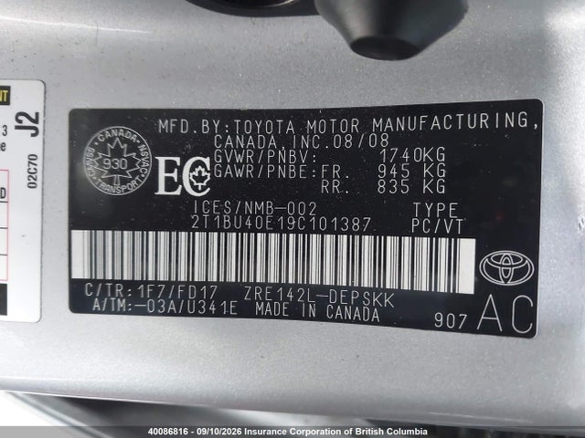 Продажа на аукционе авто 2009 Toyota Corolla S/le/xle, vin: 2T1BU40E19C101387, номер лота: 40086816