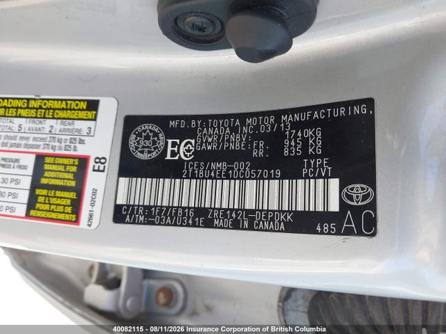 40082115 :رقم المزاد ، 2T1BU4EE1DC057019 vin ، 2013 Toyota Corolla S/le مزاد بيع
