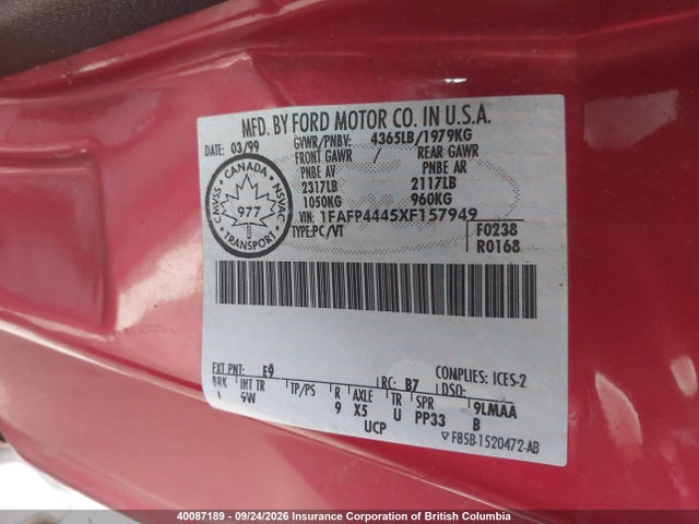 Продажа на аукционе авто 1999 Ford Mustang, vin: 1FAFP4445XF157949, номер лота: 40087189