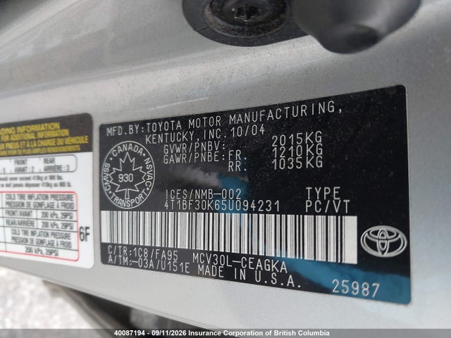 Auction sale of the 2005 Toyota Camry, vin: 4T1BF30K65U094231, lot number: 40087194
