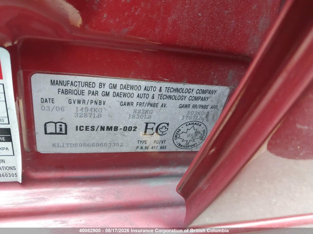 40082900 :رقم المزاد ، KL1TD69666B653352 vin ، 2006 Chevrolet Aveo Ls مزاد بيع