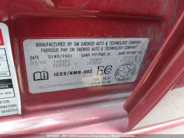 40082900 :رقم المزاد ، KL1TD69666B653352 vin ، 2006 Chevrolet Aveo Ls مزاد بيع