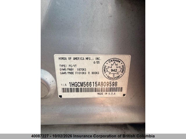 Aukcja sprzedaży 2005 Honda Accord Ex, vin: 1HGCM56615A809598, numer aukcji: 40087227