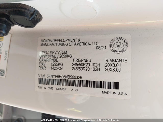 Honda Pilot Elite 2022 5FNYF6H06NB500326 Image 9