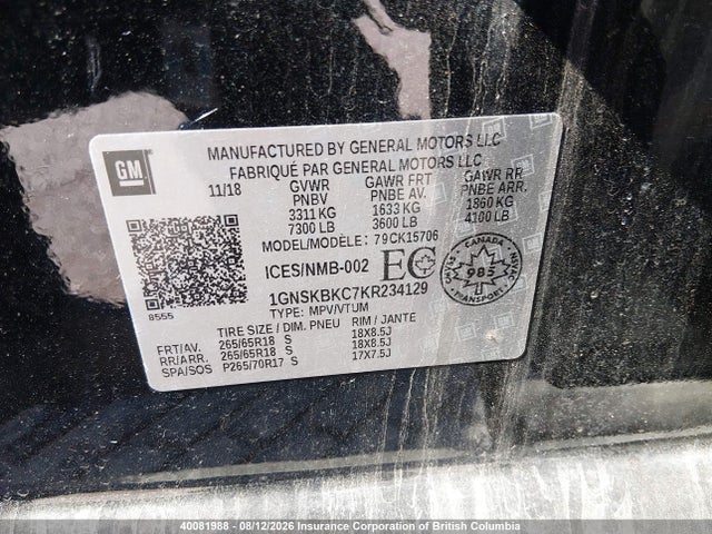1GNSKBKC7KR234129 Chevrolet Tahoe K1500 Lt