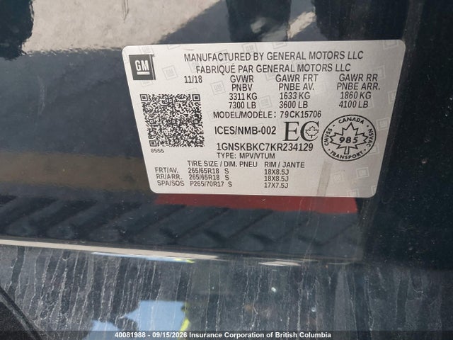 Auction sale of the 2019 Chevrolet Tahoe K1500 Lt, vin: 1GNSKBKC7KR234129, lot number: 40081988