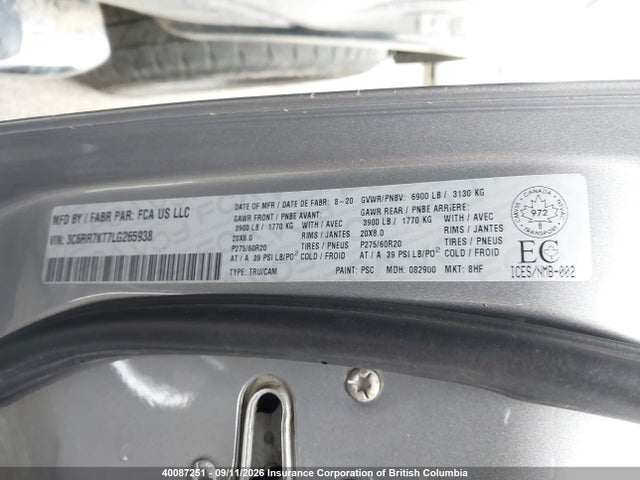 40087251 :رقم المزاد ، 3C6RR7KT7LG265938 vin ، 2020 Ram 1500 Classic St مزاد بيع