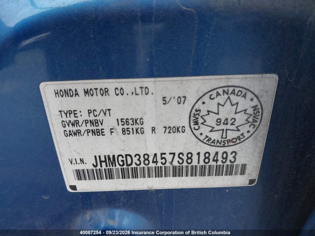 2007 Honda Fit მანქანა იყიდება აუქციონზე, vin: JHMGD38457S818493, აუქციონის ნომერი: 40087254