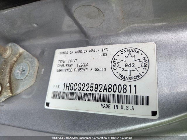 Продажа на аукционе авто 2002 Honda Accord Ex, vin: 1HGCG22592A800811, номер лота: 40087261