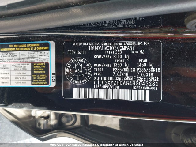 Aukcja sprzedaży 2011 Hyundai Santa Fe Se, vin: 5XYZHDAG4BG045281, numer aukcji: 40087264