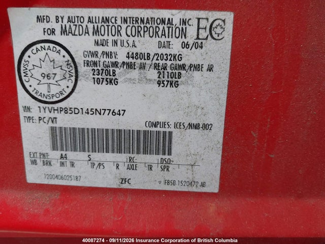Aukcja sprzedaży 2004 Mazda Mazda6 Gs-v6/gt-v6, vin: 1YVHP85D145N77647, numer aukcji: 40087274