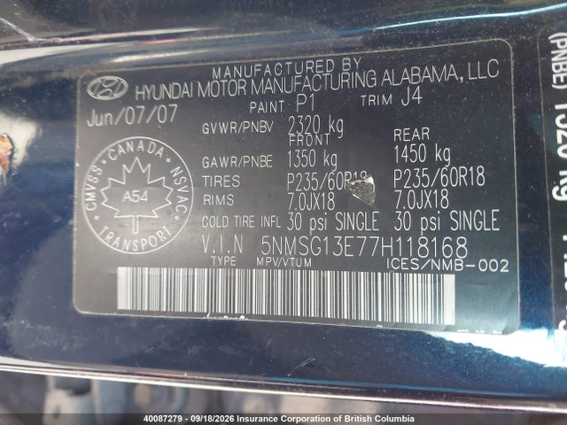 Auction sale of the 2007 Hyundai Santa Fe Gl, vin: 5NMSG13E77H118168, lot number: 40087279