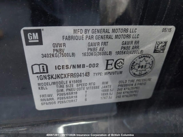 1GNSKJKCXFR694143 Chevrolet Suburban 1500 Lt