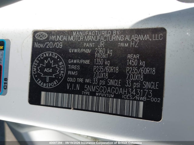 Продаж на аукціоні авто 2010 Hyundai Santa Fe Gl 3.5 Sport, vin: 5NMSGDAG0AH343173, номер лоту: 40087294