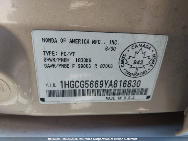 Продаж на аукціоні авто 2000 Honda Accord Ex, vin: 1HGCG5669YA816830, номер лоту: 40083608