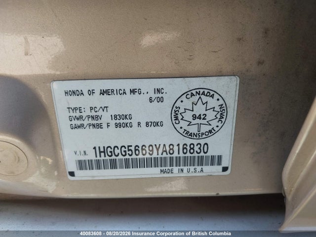 Продаж на аукціоні авто 2000 Honda Accord Ex, vin: 1HGCG5669YA816830, номер лоту: 40083608