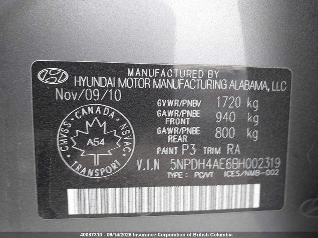 40087310 :رقم المزاد ، 5NPDH4AE6BH002319 vin ، 2011 Hyundai Elantra Gl مزاد بيع