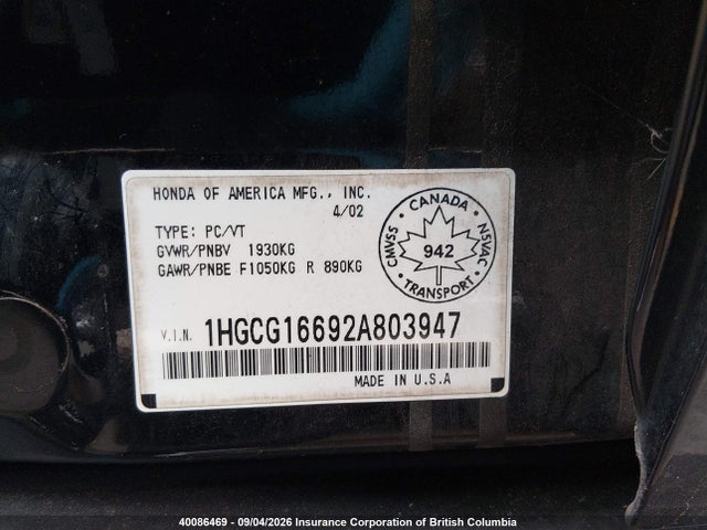 Aukcja sprzedaży 2002 Honda Accord Se, vin: 1HGCG16692A803947, numer aukcji: 40086469