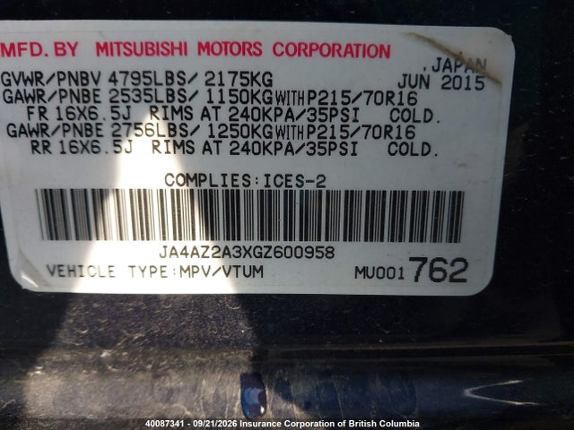 JA4AZ2A3XGZ600958 Mitsubishi Outlander Es