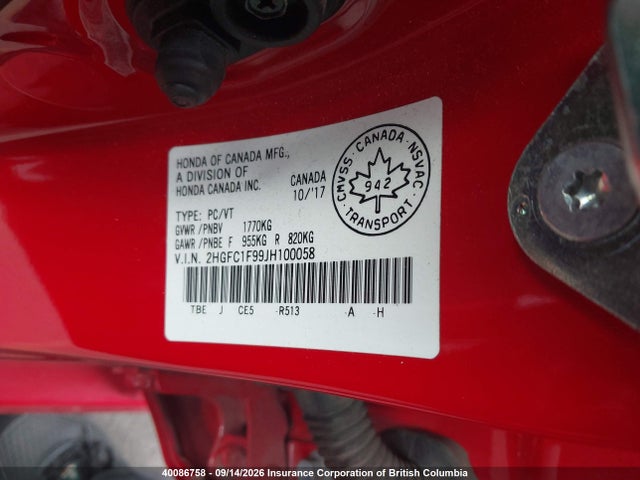 Honda Civic Touring 2018 2HGFC1F99JH100058 Image 9
