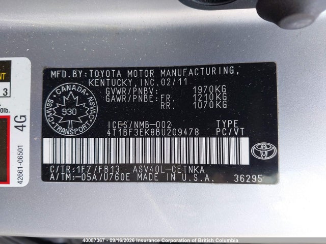 Продажа на аукционе авто 2011 Toyota Camry, vin: 4T1BF3EK8BU209478, номер лота: 40087367