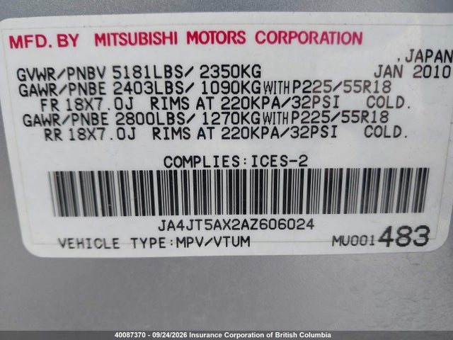 Aukcja sprzedaży 2010 Mitsubishi Outlander Gt, vin: JA4JT5AX2AZ606024, numer aukcji: 40087370