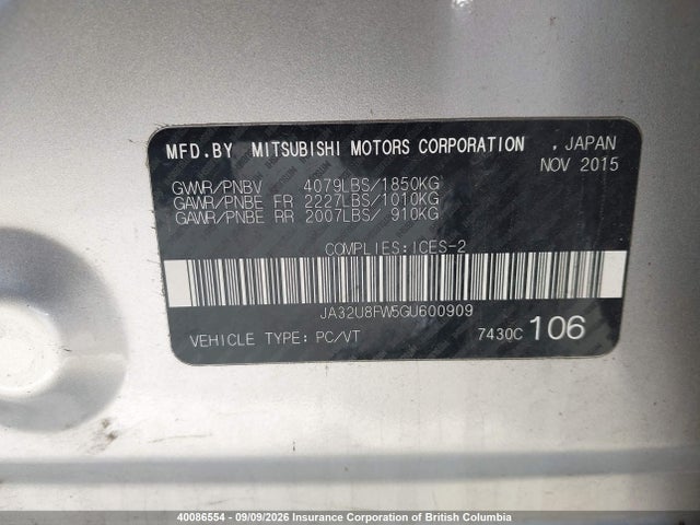 Mitsubishi LANCER GT 2016 JA32U8FW5GU600909 Image 9
