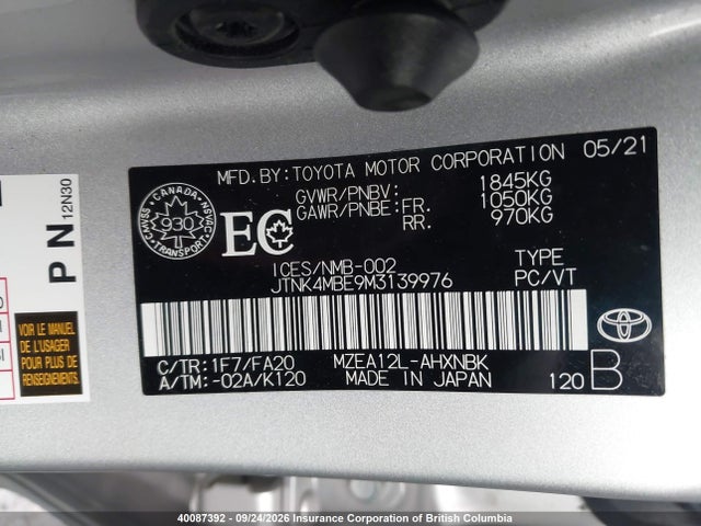 Toyota Corolla 2021 JTNK4MBE9M3139976 Image 9