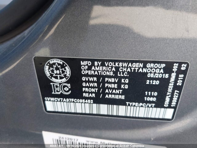 1VWCV7A37FC095452 Volkswagen Passat 2.0 Tdi Highline