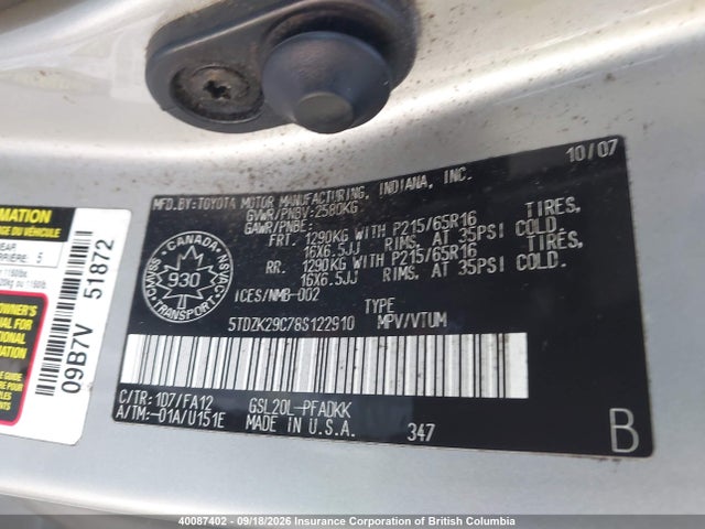 Продажа на аукционе авто 2008 Toyota Sienna Ce, vin: 5TDZK29C78S122910, номер лота: 40087402
