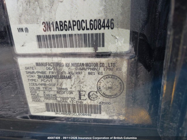 2012 Nissan Sentra 2.0 S მანქანა იყიდება აუქციონზე, vin: 3N1AB6AP0CL608446, აუქციონის ნომერი: 40087409