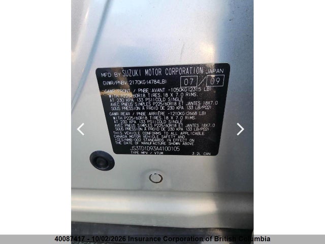 Aukcja sprzedaży 2010 Suzuki Grand Vitara Jlx, vin: JS3TD1D93A4100105, numer aukcji: 40087417