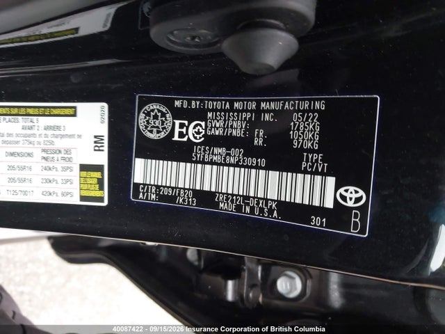 Auction sale of the 2022 Toyota Corolla Le/xle, vin: 5YFBPMBE8NP330910, lot number: 40087422