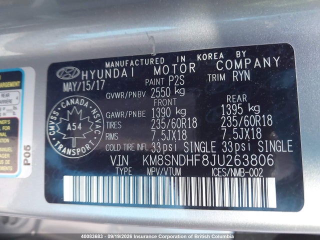 2018 Hyundai Santa Fe Xl Luxury მანქანა იყიდება აუქციონზე, vin: KM8SNDHF8JU263806, აუქციონის ნომერი: 40083683