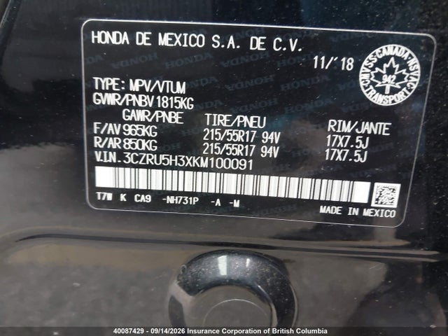 Honda HR-V 2019 3CZRU5H3XKM100091 Image 9